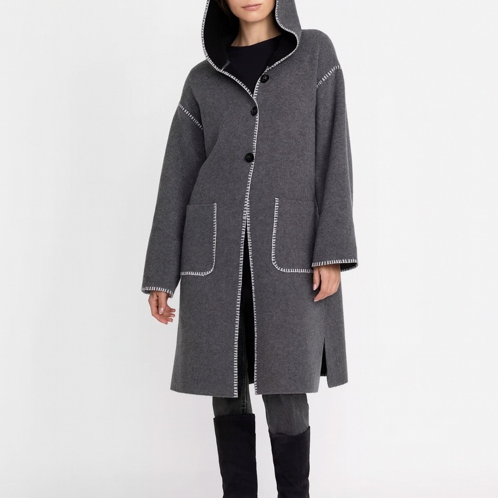 Johnny Was‎ Calme Black and Grey 100% Wool Knit Long Coat Hooded Cardigan size L